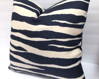 16” or 18” Blue Animal Print Pillow Covers - Kate Spade for Kravet - Mona Zebra - Deep Navy Cream