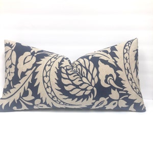 12 x 23” Blue Floral Pillow Cover - Lisbon Indigo - Botanical Scroll Print - Block Print - Indigo - Oatmeal - Linen
