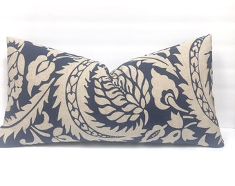 12 x 23” Blue Floral Pillow Covers - Lisbon Indigo - Botanical Scroll Print - Block Print - Indigo - Oatmeal - Linen