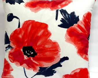 16” Red Floral Pillow Covers - Poppies on White - Red - Coral - Navy - Kate Spade Fabric
