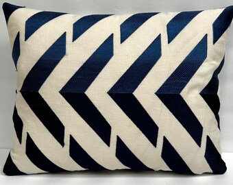 12 x 16” Blue Embroidered Pillow Covers - Geometric Navy and Cream - Designer Throw Pillows