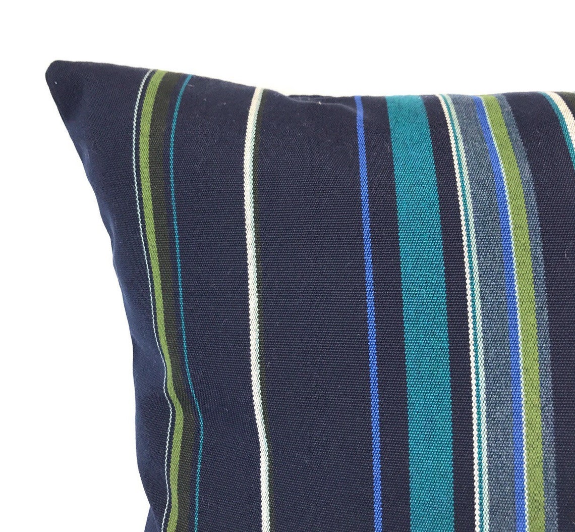 Sunbrella Pillow Cover Stanton Lagoon Stripe Navy Green White Blue