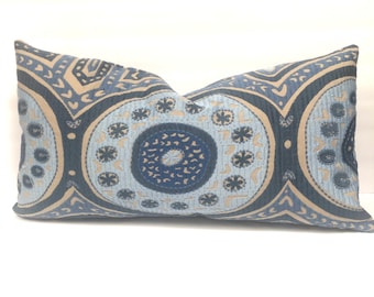 Blue Embroidered Pillow Covers - Geometric Lumbar Pillows - Tan Linen - 12 x 24”