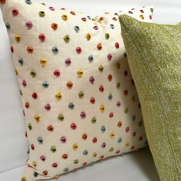 16” Cream Linen Pillow Cover - Embroidered Tufts - Kravet Couture - Dew Drop Confetti - Multicolor