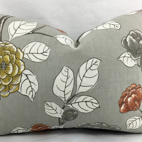 Leda Peony Gray/Silver - Robert Allen - Dwellstudio - Designer Pillow Cover - Gray - White - Gold - Copper - 12 x 16"