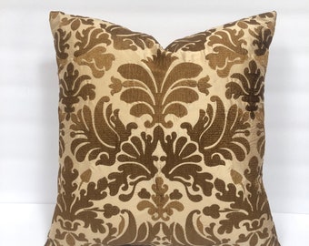 14” Gold Silk Damask Pillow Covers - Embroidered Designer Pillow