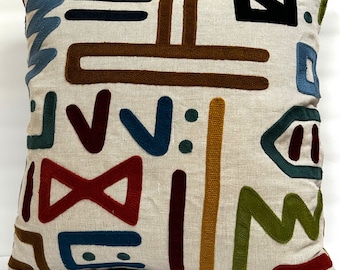 18” Linen Pillow Covers - Jewel Tone Geometric Embroidery -  Red Blue Brown Green - Lee Jofa Rain Dance