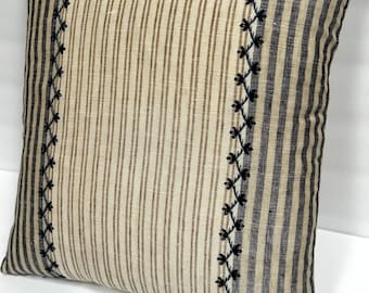 12 x 18” Tan Navy Stripe Pillow Covers - Embroidered Detail - Neutral - Tan - Beige - Navy