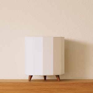 May include: A white, geometric planter with a multi-faceted design. The planter has three wooden legs and sits on a wooden shelf. The planter is a modern, minimalist design.