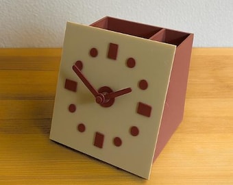 Reloj de escritorio moderno impreso en 3D con portalápices y habitación secreta: portalápices PLA beige y morado