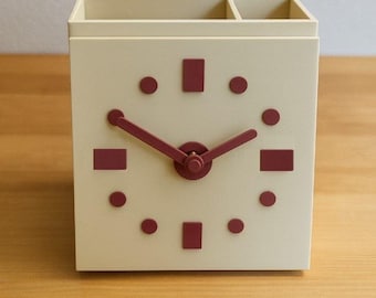 Reloj de escritorio cuadrado minimalista con portalápices: cuarzo silencioso, decoración moderna.