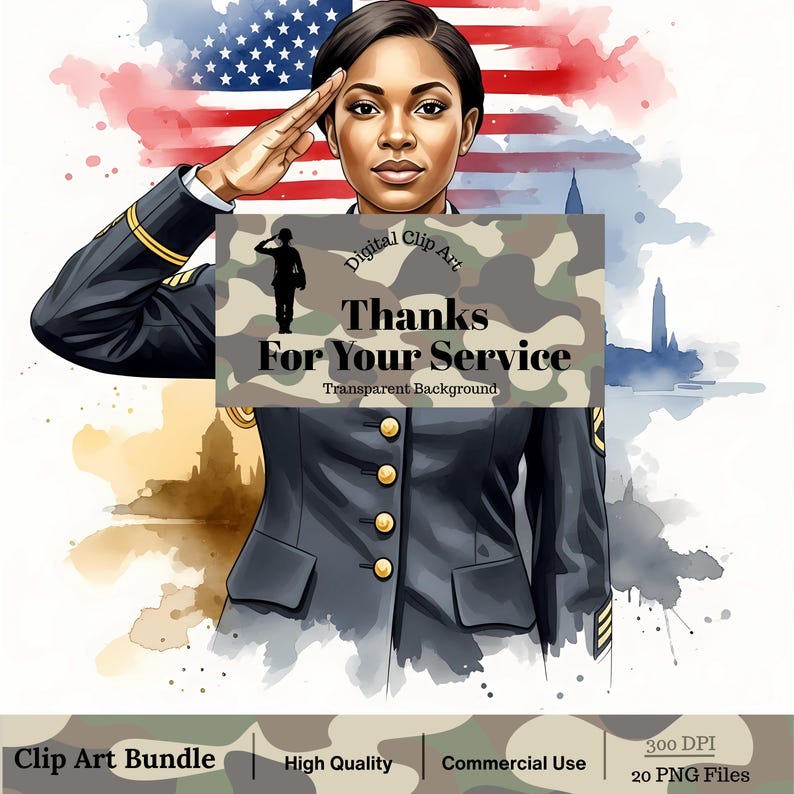 Watercolor African American Women Veterans Illustrations (PNG Digital ...