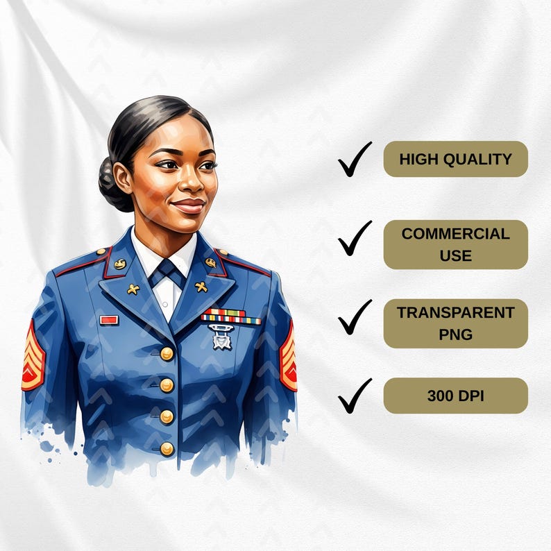 Watercolor African American Women Veterans Illustrations (PNG Digital ...