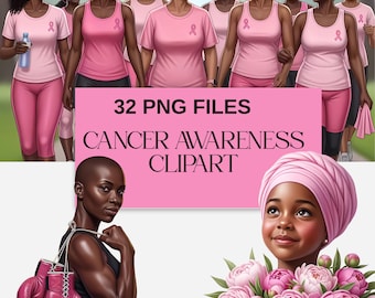 Cancer Awareness Clipart Black Women | 32 PNG | Pink Ribbon Survivor Fighter Support Digital Download