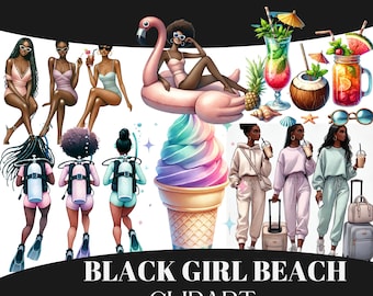Melanin Beach Girls Clipart: Black Woman Summer Travel PNG Bundle