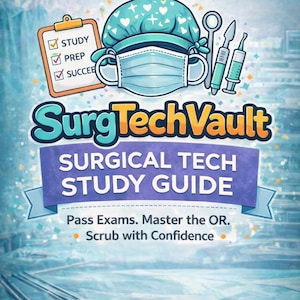 Könnte beinhalten: Illustration für SurgTechVault, einen Studienführer für Operationstechniker. Das Bild zeigt eine OP-Haube, eine Maske und medizinische Instrumente. Der Text enthält "Study, Prep, Succeed" und "Surgical Tech Study Guide."