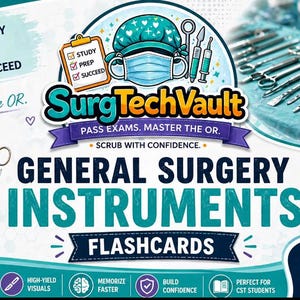 Op de afbeelding: Een advertentie voor SurgTechVault flashcards voor algemene chirurgische instrumenten. De afbeelding toont chirurgische instrumenten, een chirurgische muts en masker, en de tekst "Slaag voor examens. Beheers de OK."