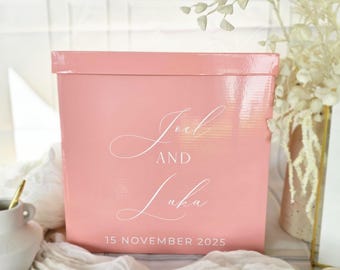 Caixa de desejos rosa personalizada para casamento, com nomes personalizados, acabamento brilhante e reutilizável.