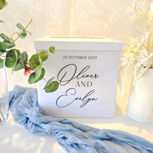 Gepersonaliseerde wensput trouwkaartdoos, opvouwbare spaarpot van 30 cm, aangepaste naamdatum, witgoud roze zwart receptiedecor