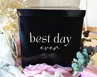 Caixa de Cartões de Pedidos Personalizada Preta, Decoração de Casamento em Vinil Personalizada 'O Melhor Dia de Todos', Cofrinho Moderno Monocromático para Noivado