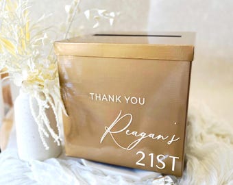 Caixa de Cartões Dourada Personalizada com Tema de Poço dos Desejos, Porta-Dinheiro Personalizado para Aniversário de 21 Anos, Decoração de Festa em Vinil com a Frase "Obrigado", Caixa de Presente de Papelão