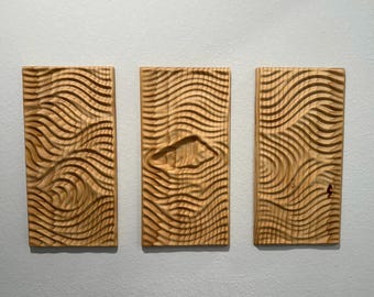 Conjunto de esculturas modernas de madera orgánica / Arte mural de olas tallado con CNC / Tallado de precisión y acabado a mano