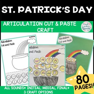 Op de afbeelding: St. Patrick's Day articulatie knip- en plakwerk. De afbeelding toont drie verschillende knutselopties met regenbogen, potten met goud en diverse afbeeldingen. De tekst bevat "All Sounds* Initial, Medial, Final*" en "80 Pages!"