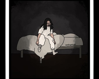May include: A sticker featuring a cartoon illustration of a person in white clothing sitting on a bed. The person has dark hair and a slight smile. The background is dark, and the sticker has a white border. The text "@endingsdesigns" is visible.