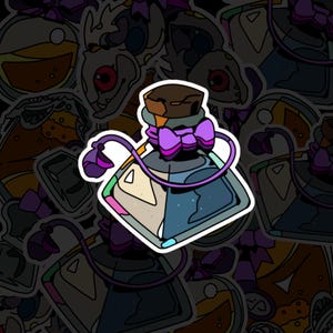 May include: A sticker featuring a cartoon potion bottle with a cork stopper and a purple bow. The bottle is divided into sections with different colors, including beige, blue, and green. The background is a pattern of similar potion bottle stickers.