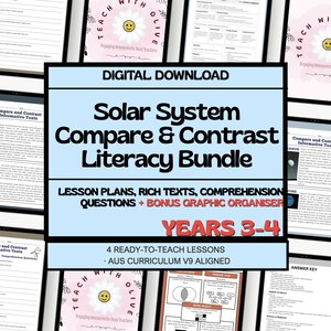 May include: Digital download of a Solar System Compare & Contrast Literacy Bundle for Years 3-4. The bundle includes lesson plans, rich texts, comprehension questions, and a bonus graphic organizer. The image also shows a tablet with the text "Teach with Olive".
