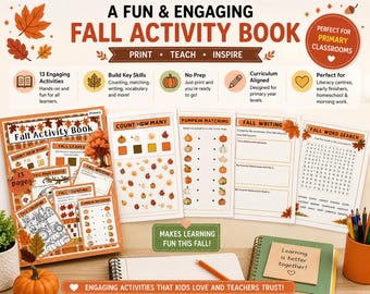 Fall Activity Book – Maze, Word Search, Reading, Coloring, Writing & more (Grades 1–3)