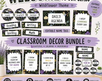 Ensemble de décorations de classe sur le thème des fleurs sauvages – Modifiable et imprimable | 5 produits