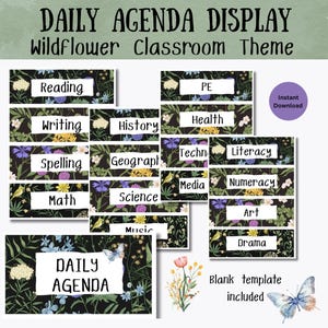 May include: A set of classroom display cards with a wildflower theme. Each card features a black background with floral designs and white text labels such as "Reading," "Writing," and "Math." The words "Daily Agenda Display" are at the top.