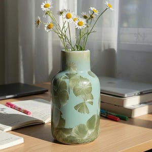 Könnte beinhalten: Hellblaue Keramikvase mit floralem Muster, gefüllt mit einem Strauß Gänseblümchen mit weißen Blütenblättern und gelben Zentren. Die Vase steht auf einem Holztisch, mit Notizbüchern und Stiften in der Nähe.
