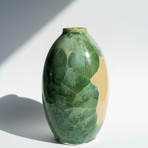 Emerald Green Crystalline Glaze Ceramic Vase | Oval Pottery Vessel