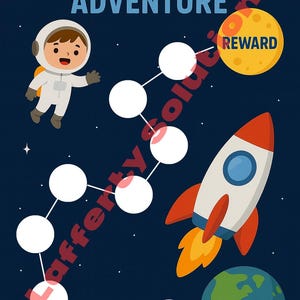 May include: A blue poster with the words "Potty Training Adventure" and a cartoon astronaut, rocket ship, and planet Earth. The poster has a path of white circles leading to a yellow moon with the word "Reward".