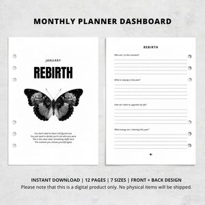 Może przedstawiać: Czarno-biały pulpit nawigacyjny miesięcznego planera ze słowem "REBIRTH" i grafiką motyla. Planer zawiera podpowiedzi do autorefleksji. Widoczny jest również tekst "NATYCHMIASTOWE POBIERANIE".