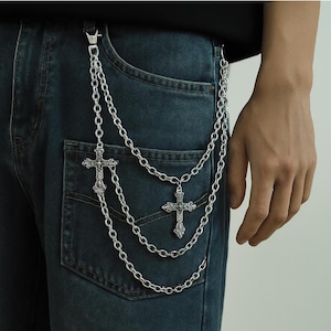 Gotisk korskedja för jeans – Silverfärgad skiktad byxkedja för jeans, Y2K punk streetwear-smycken, plånbokskedja för män och kvinnor