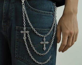 Gothic Cross Jean Chain – Silver Layered Pant Chain for Jeans, Y2K Punk Streetwear Jewelry, Wallet Chain Accessory for Men & Women