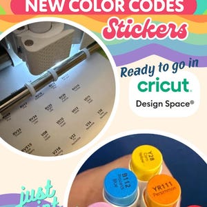 Puede incluir: Pegatinas Ohuhu Honolulu con nuevos códigos de color, listas para usar con Cricut Design Space. La imagen muestra una variedad de marcadores coloridos, incluyendo lila brillante, caqui y verde lima brillante. El texto dice "just print and cut!"