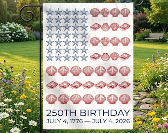 Decoração de jardim com a bandeira americana costeira, conchas, estrelas e listras, bandeira de jardim para casa de praia em 4 de julho