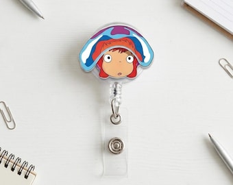 Portatarjetas retráctil de acrílico con diseño de chica pez anime y clip para identificación con personaje del océano.