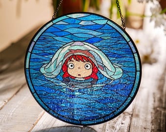 Ponyo Vitral para Janela, Menina Peixe Azul no Oceano, Decoração em Vidro Artístico