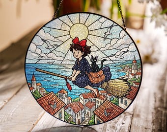 Atrapasueños de cristal de Kiki y Jiji, adorno colgante de ventana de anime, decoración de vidrieras de brujas
