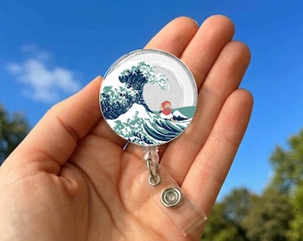 Portatarjetas retráctil Ponyo Wave – Portatarjetas de identificación de anime, correa acrílica con botón a presión