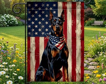 Bandeira de jardim personalizada com estampa de Doberman e bandeira americana, decoração patriótica para quintal com tema de cachorro.