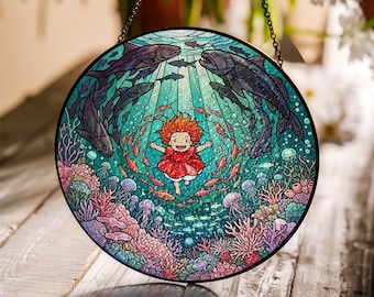 Vitral subaquático com menina ruiva, decoração em vidro com peixes e recifes de coral.