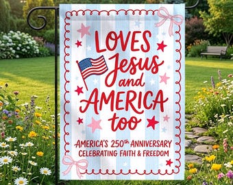 Bandeira patriótica para jardim, ama Jesus e a América, decoração de jardim com temática de fé e liberdade.