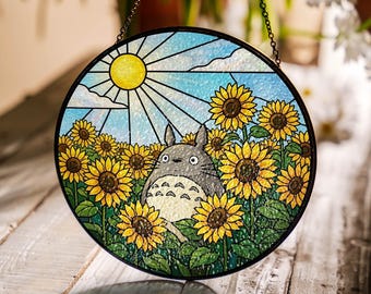Atrapasueños de Totoro de vidrieras, colgante de ventana con campo de girasoles, decoración artística circular de vidrio