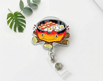 Porta-crachá retrátil holográfico Fire Demon Ramen, em acrílico, com clipe para alimentos.